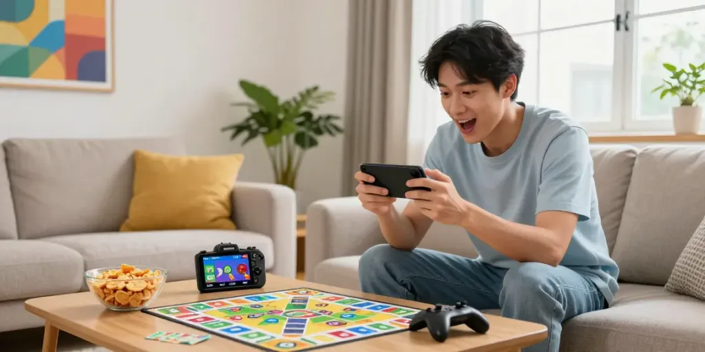 Player enjoying the Rumble Rummy app at home, showcasing mobile gaming excitement.
