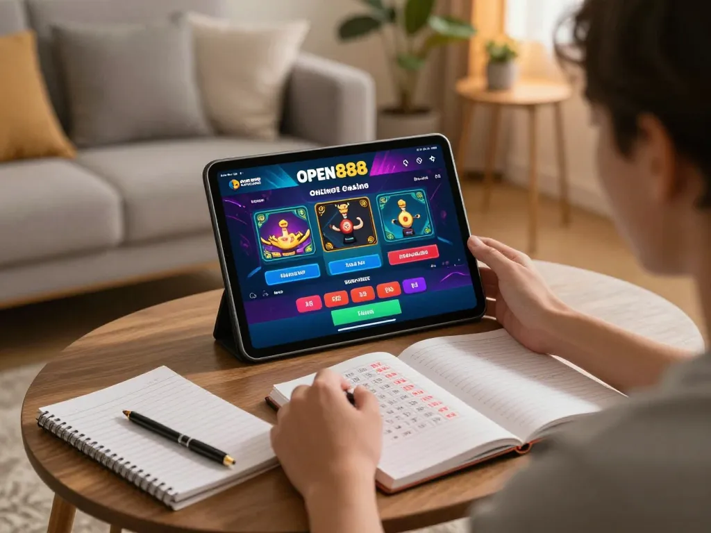 Engaging in online gambling with the open888 app on tablet in a cozy home setting