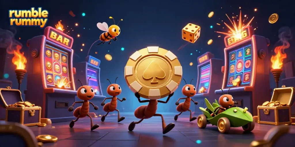 Engage in the exciting Rumble Rummy experience with ants on a heist amidst cinematic casino visuals.