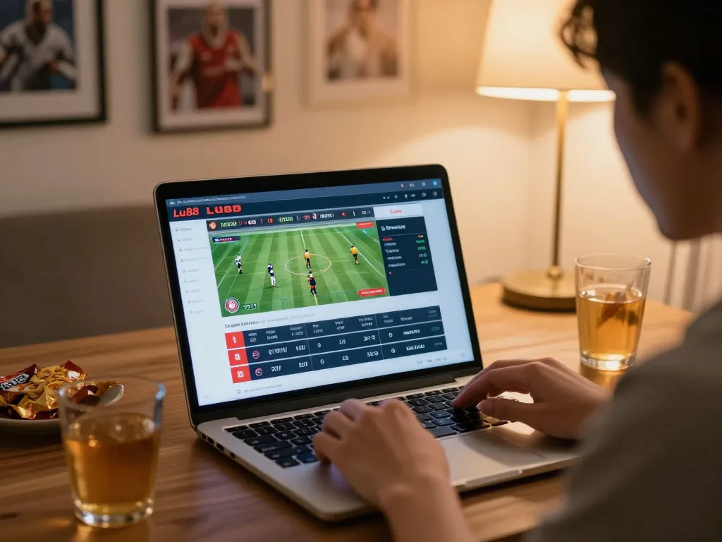 Engaging in live betting with lu88 on a laptop at home, showcasing an interactive sports betting experience.