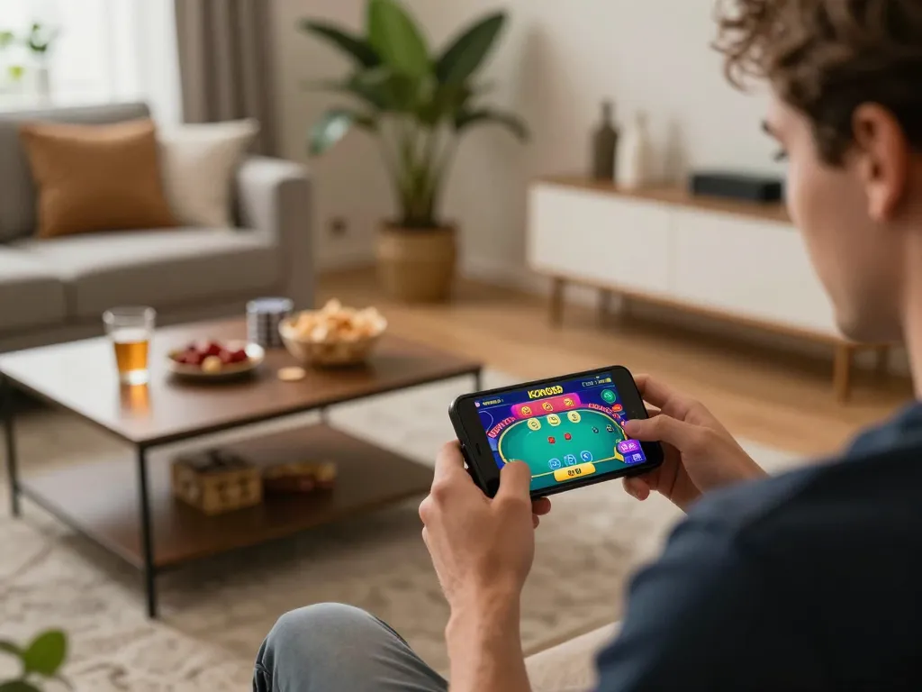 KONG88 player engaging with mobile casino app on smartphone in cozy home setting