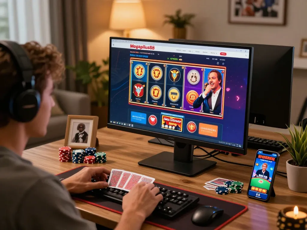 Engaged player enjoying Megaplus88 online casino gaming on a modern setup with colorful displays.