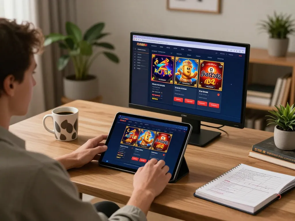 Engaged player using tablet for online casino gaming at https://rr88.select/, showcasing vibrant interface and responsibility.