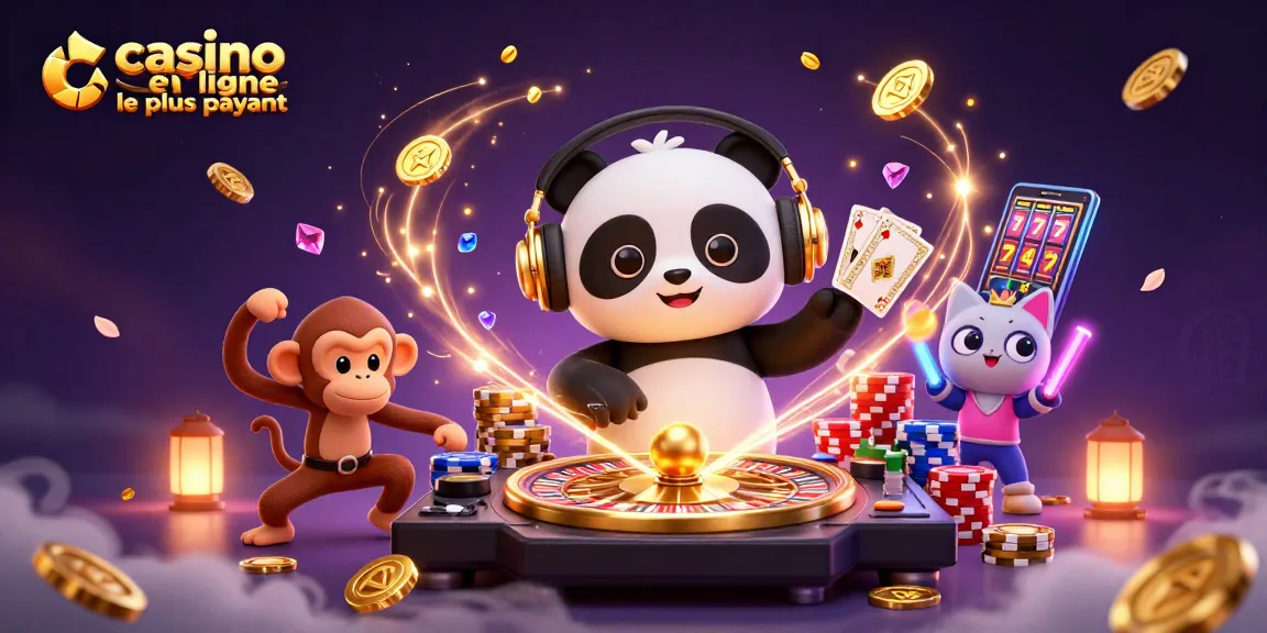 Immergez-vous dans la scène vibrante du casino en ligne le plus payant avec un DJ panda animant une fête de casino enjouée.