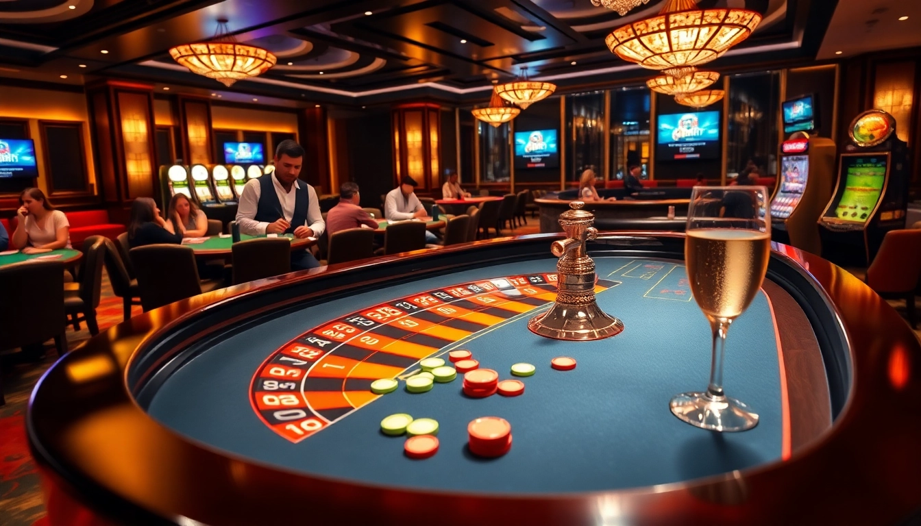 Engaging scene from TRANG CHỦ HBBET showcasing players at a roulette table in a luxurious casino environment.