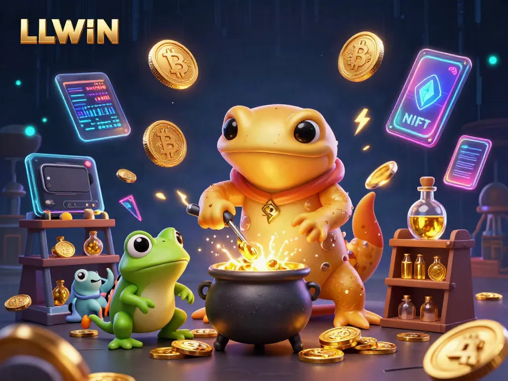 Experience the magic of LLWIN with a golden salamander alchemist in a vibrant, gambling-themed digital illustration.