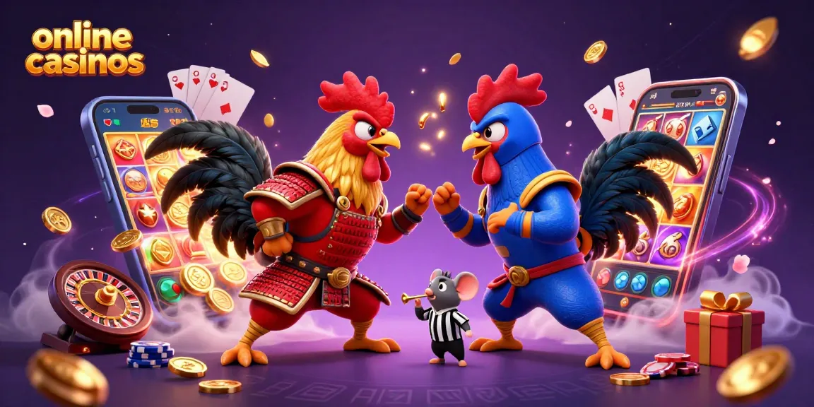Engage in exciting online casinos with a showdown between roosters in samurai and ninja attire amidst vibrant gaming elements.