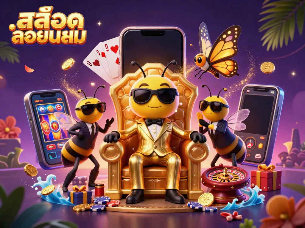 Experience the excitement of สล็อตยอดนิยม with vibrant 3D elements, featuring a mob boss in a golden suit surrounded by animated casino games.