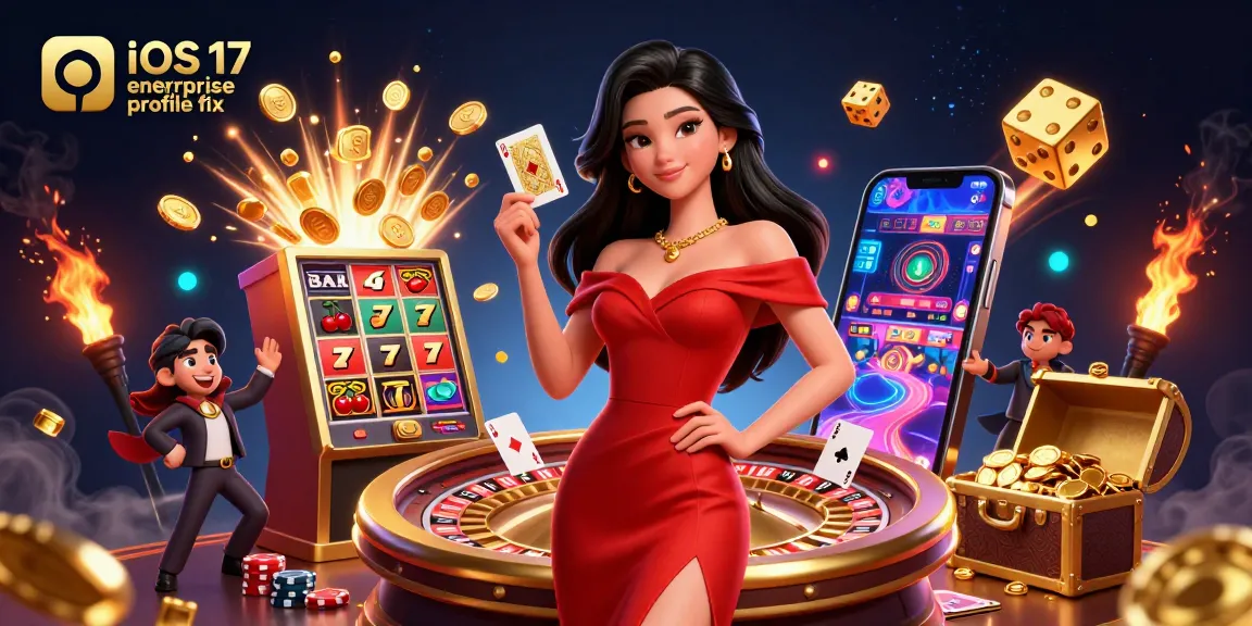 Engage with the iOS 17 enterprise profile fix amidst a dazzling casino scene filled with jackpots and thrilling games.