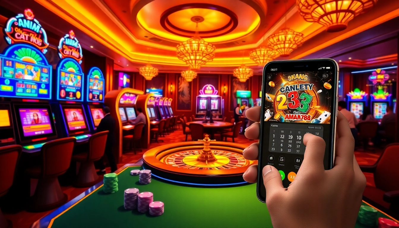 Sebuah adegan kasino yang menawan menampilkan AMAN788 dengan pemain menikmati mesin slot yang cerah dan meja roulette.