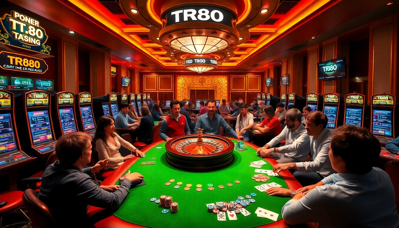 Experienced gamblers enjoying the excitement of TR88's casino atmosphere, showcasing slot machines and live gaming.