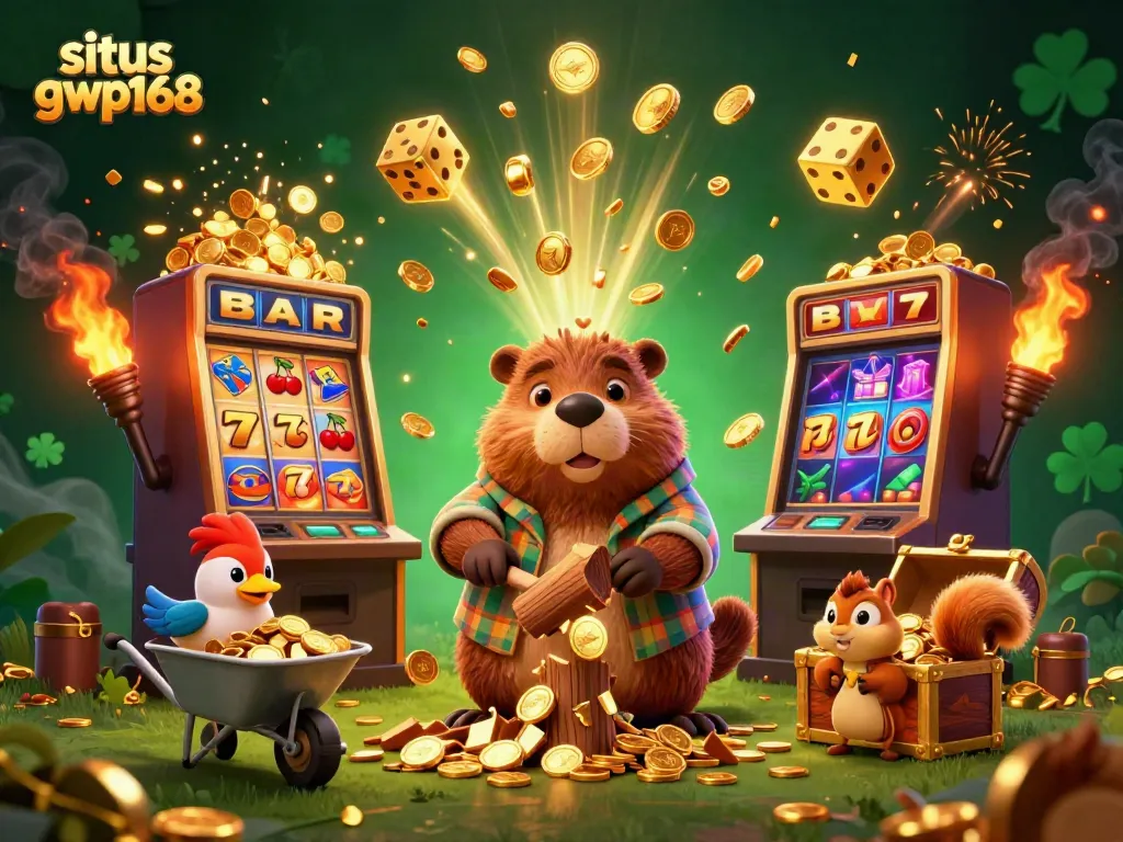 Bermain di situs gwp168 dengan visual game yang menampilkan karakter kartun dan mesin slot penuh koin