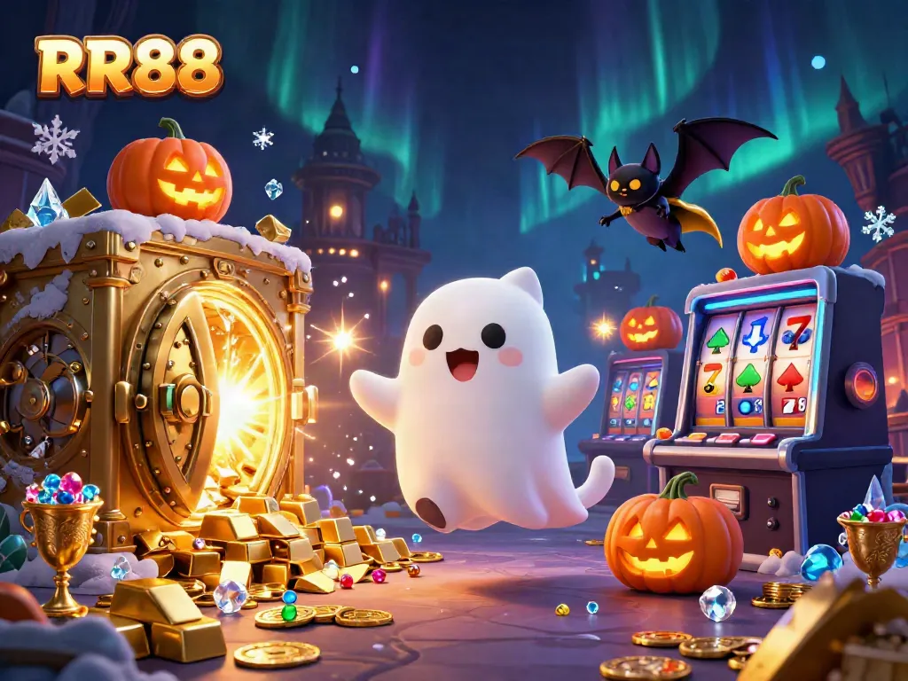 Experience winning at RR88 with a ghost cat and bat in a vibrant haunted casino scene.