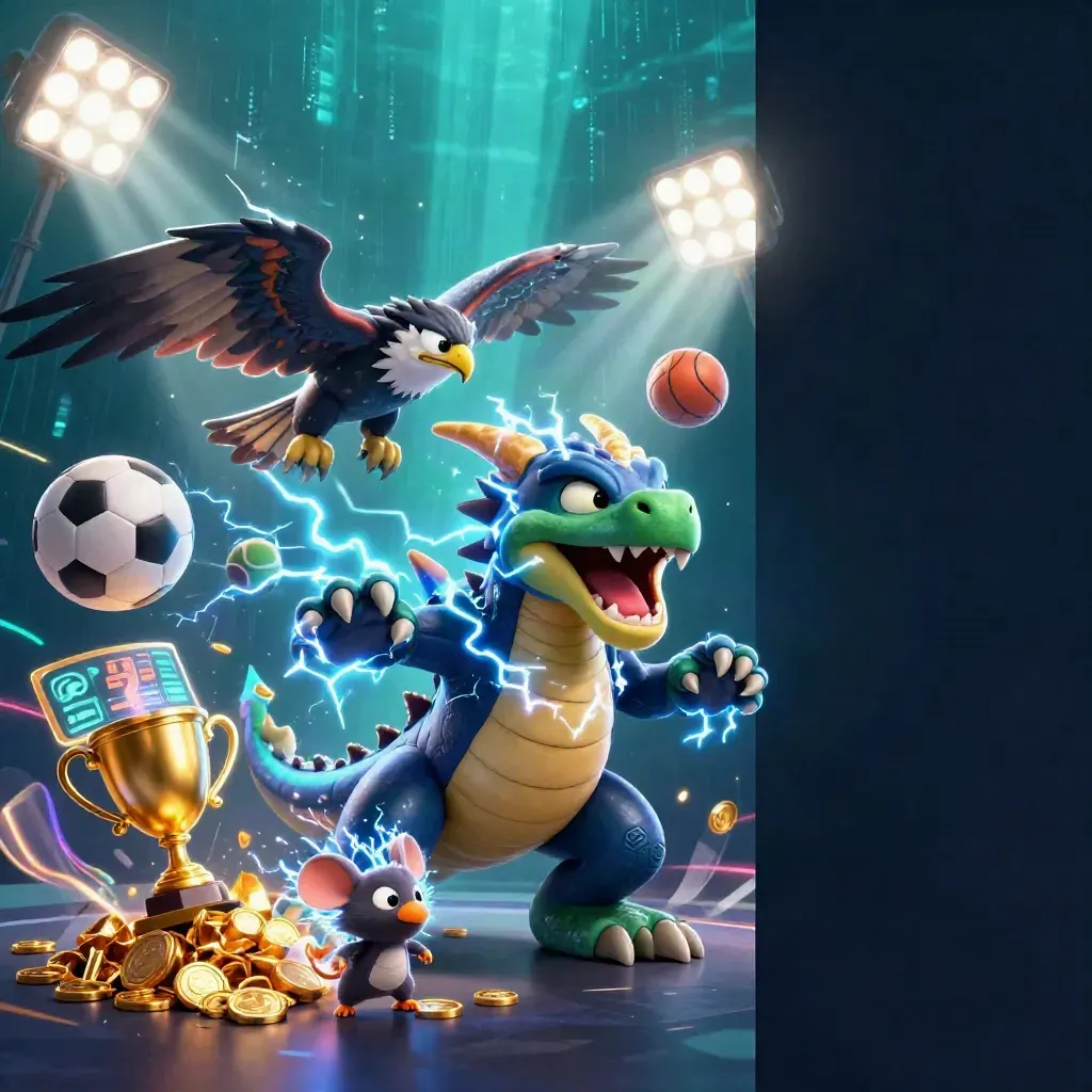 Thunder dragon, winged hawk, and static mouse amid gold sports-betting treasure and lightning