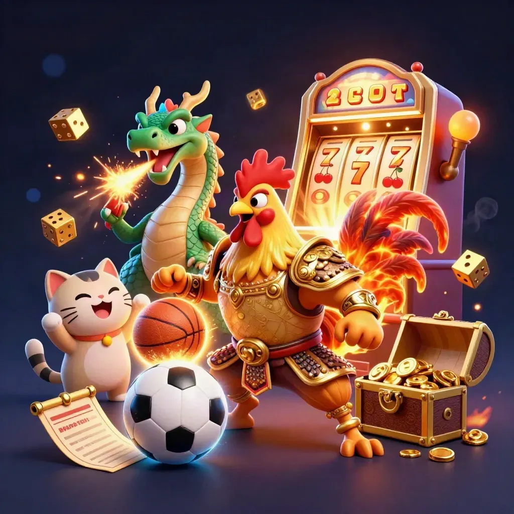 Golden rooster warrior, dragon hatchling and fortune-cat amid casino symbols and a bursting slot machine.