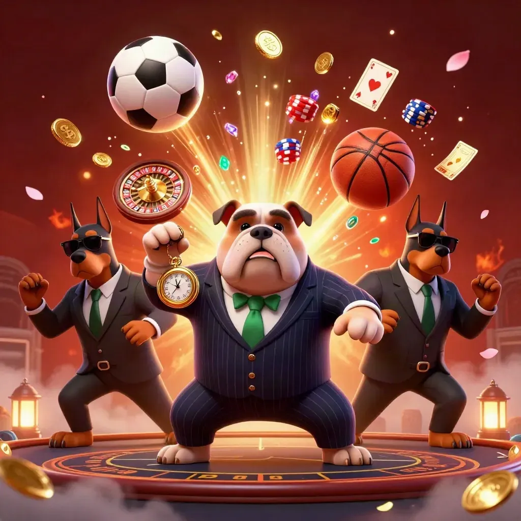 Bulldog boss and Dobermans amid casino chips, roulette, coins, and glowing embers.