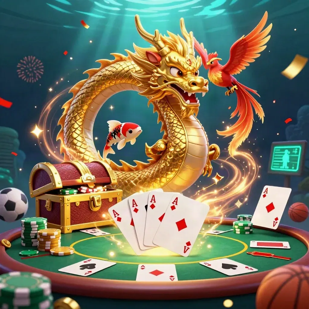 Golden dragon with phoenix, koi, poker chips, and casino props in dramatic underwater light.