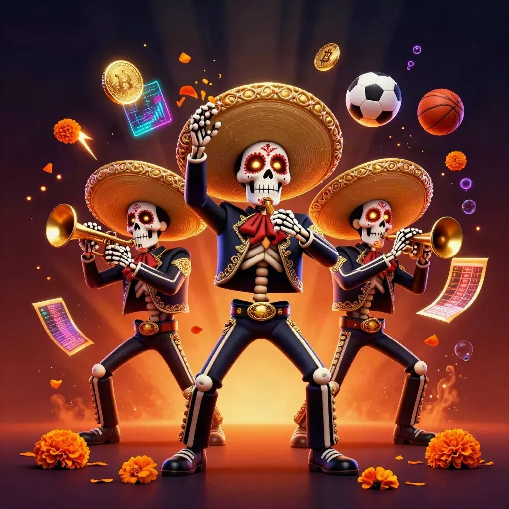 Skeleton mariachi trio amid neon coins, sports balls, and casino-style lightning.