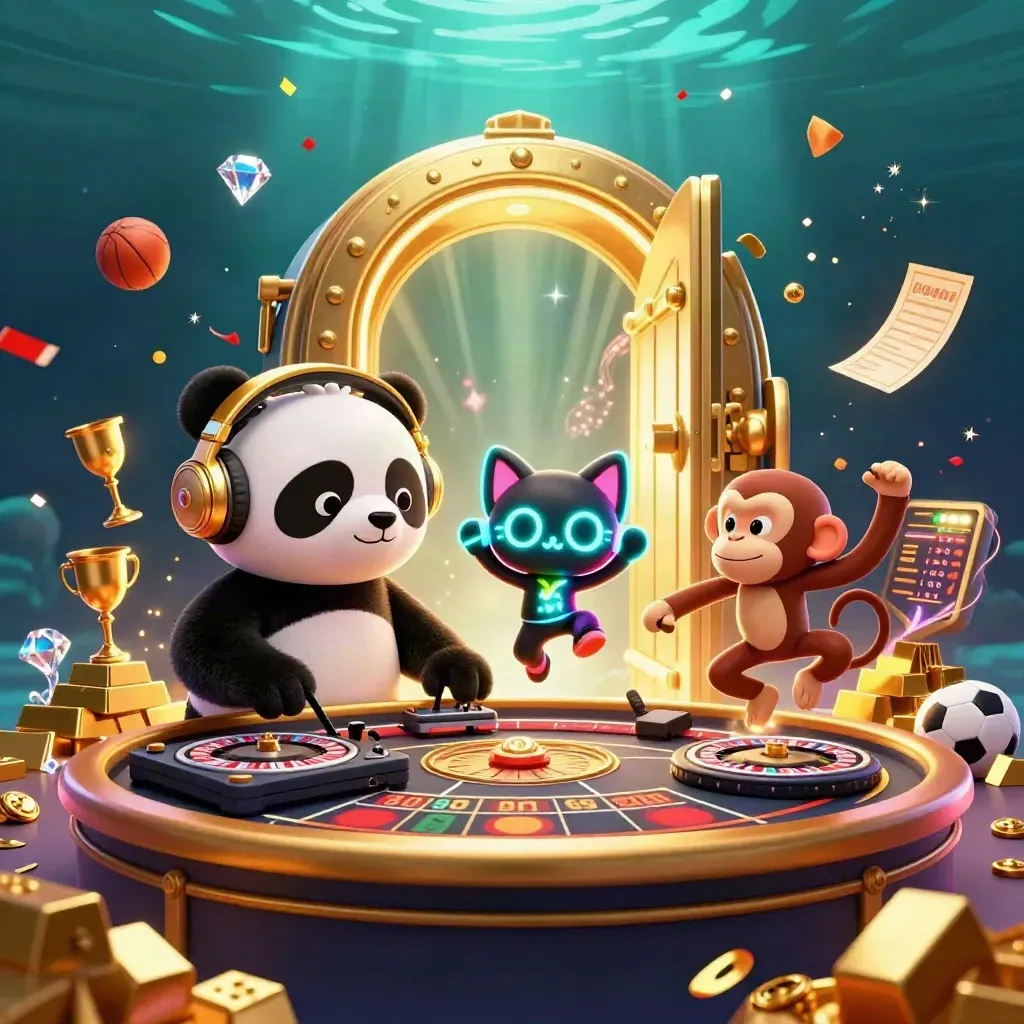 Panda DJ, breakdancing monkey, and glow-stick kitten amid gold loot and casino light.