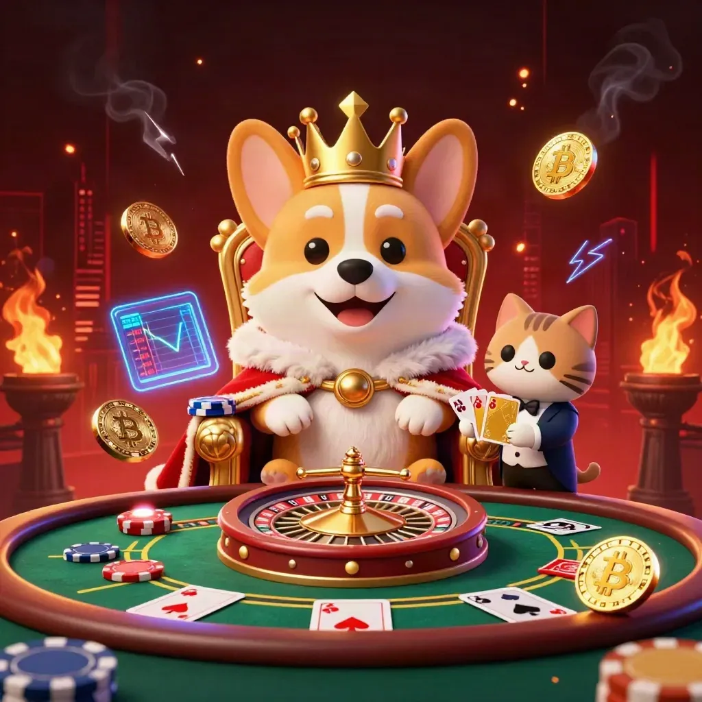 Royal corgi and cat butler in a luxe casino scene with coins, crypto glow, and red city lights.