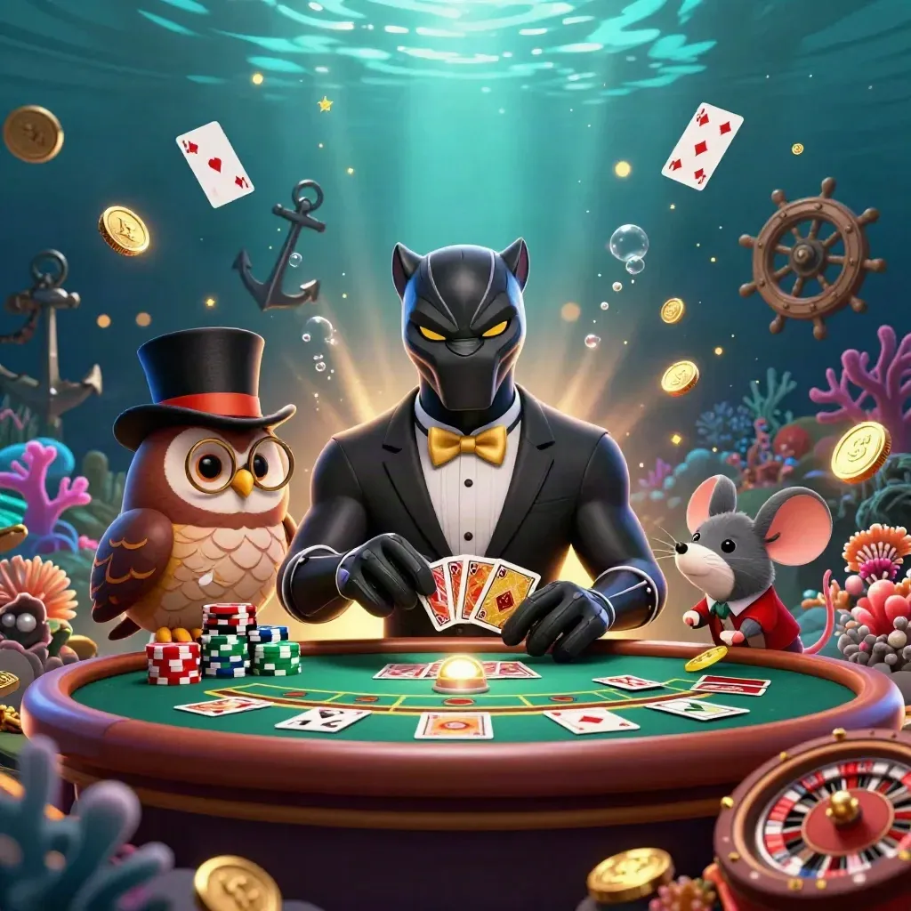 Panther, owl, and mouse in a luxe underwater casino with coins, coral, and glowing lights.