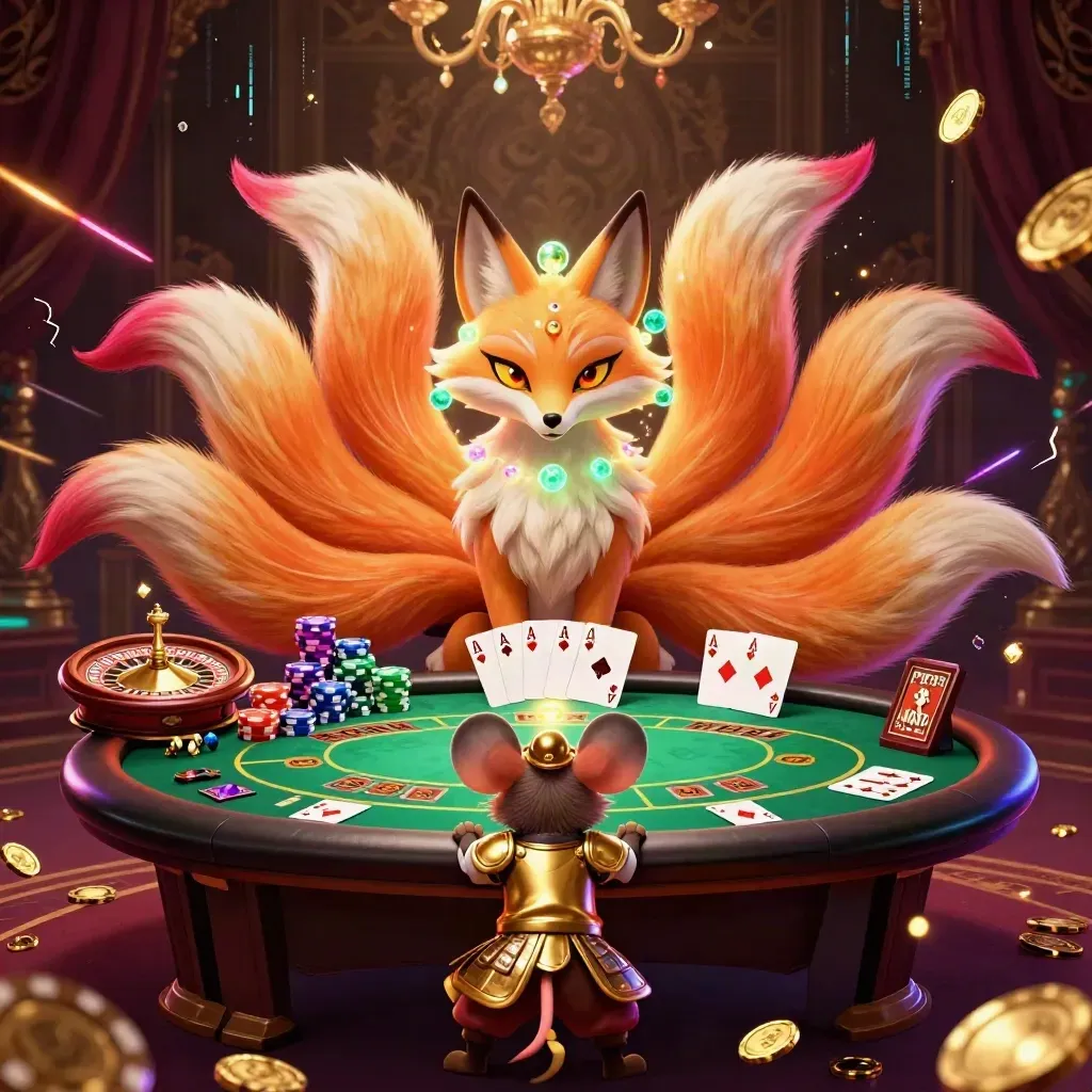 Neon fox spirit and armored mouse amid a luxe casino scene with cards, chips, gold, and chandelier glow.
