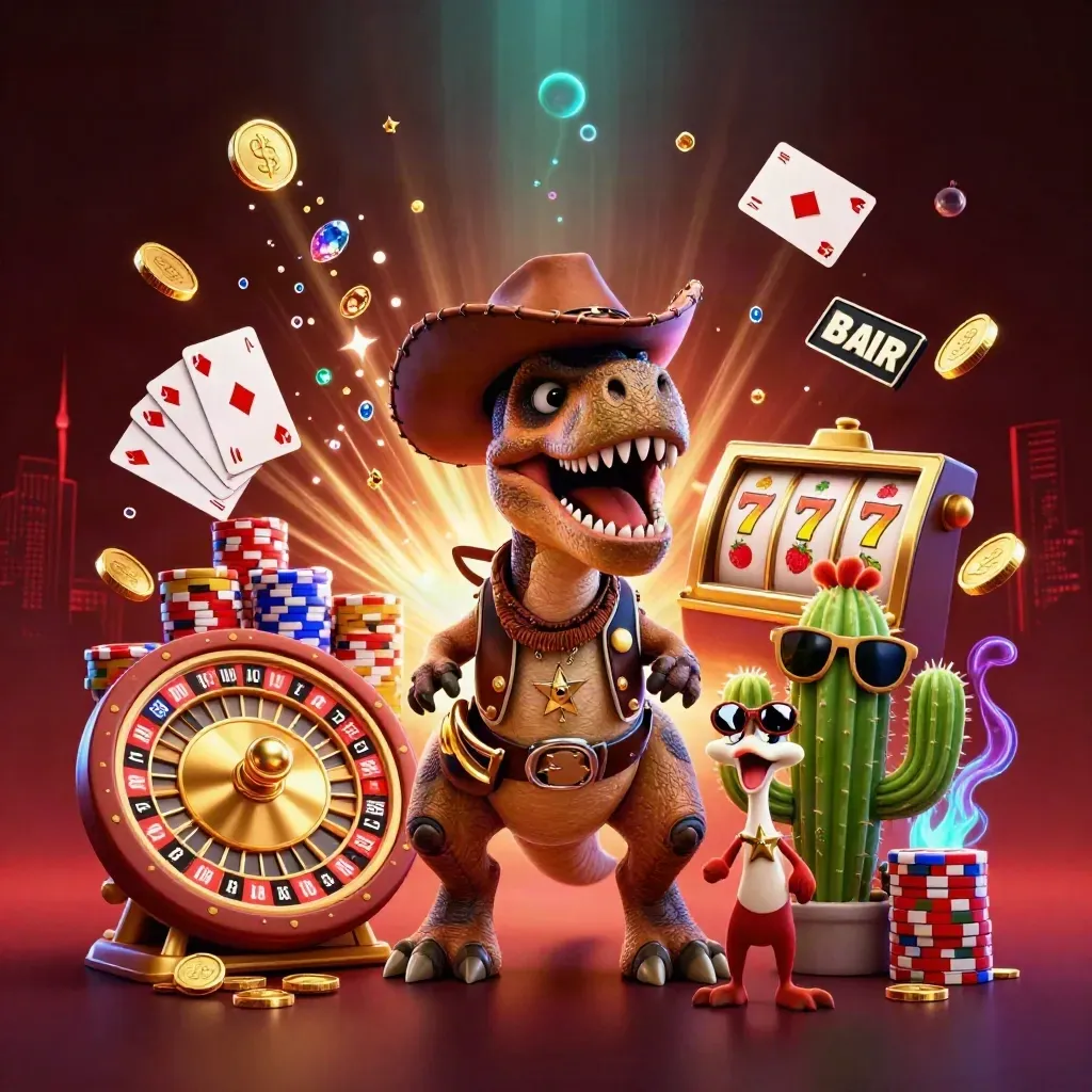 Cowboy T-Rex, cactus sidekick and roadrunner amid coins, cards, chips and neon casino magic