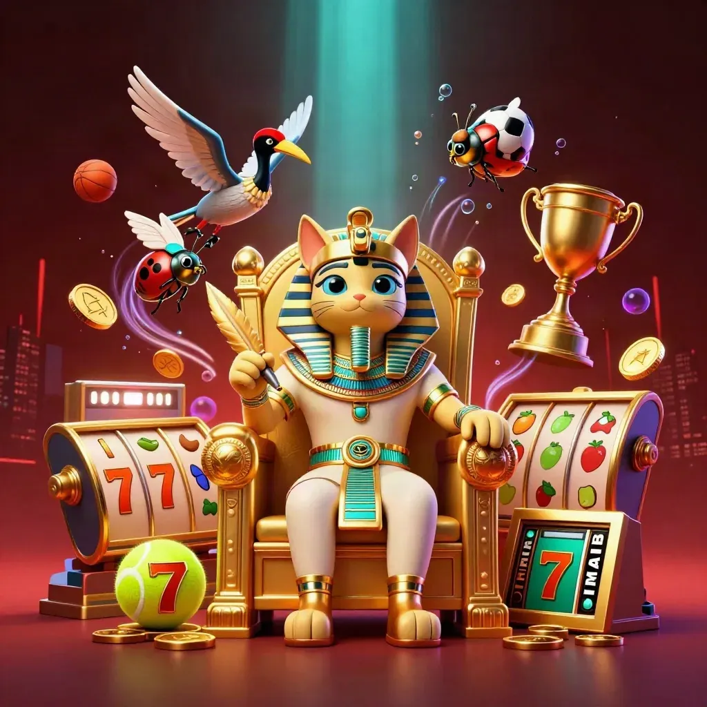 Pharaoh cat and ibis on a throne amid flying sports balls, coins, and gem-winged scarabs.