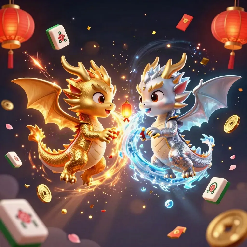 Gold and silver dragons spiral in a yin-yang blaze with lantern spirit, tiles, coins, and petals.