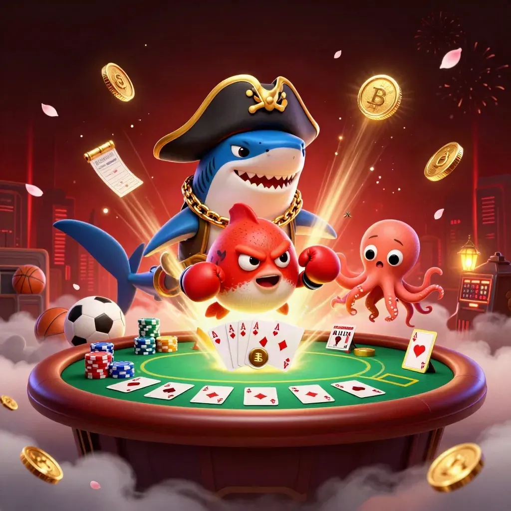 Pirate shark, boxing pufferfish, and coin-juggling octopus amid casino treasures and fireworks