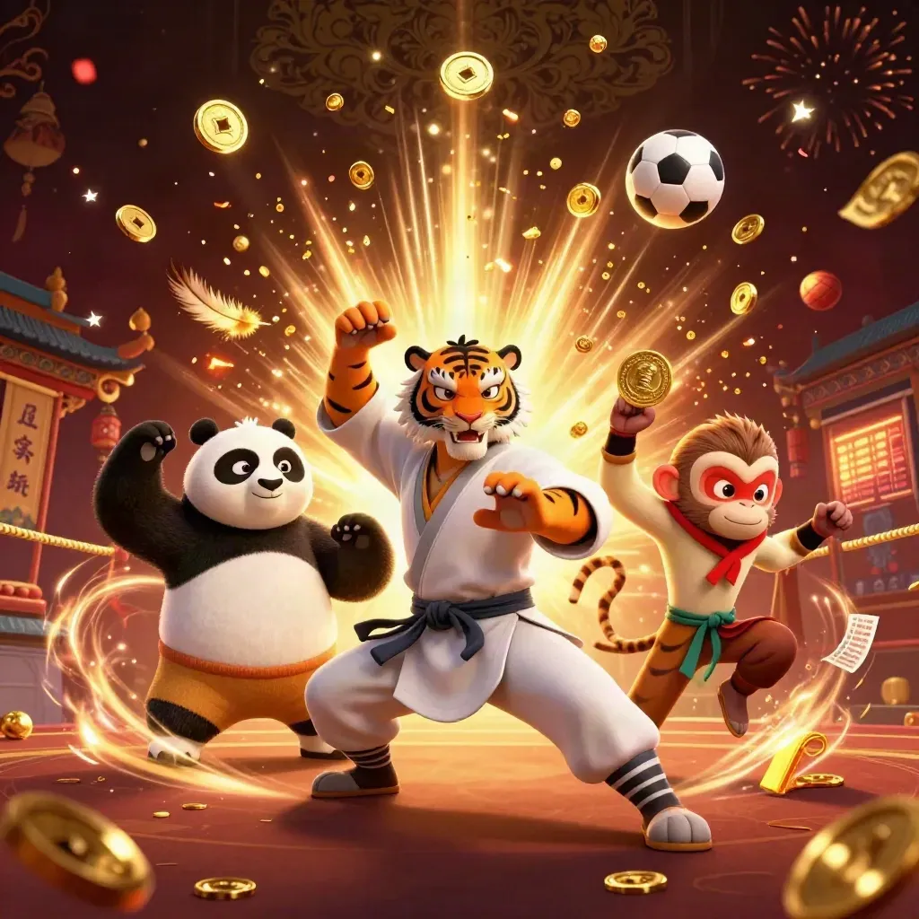 Kung-fu tiger, panda, and monkey amid coins, fireworks, and casino sports icons