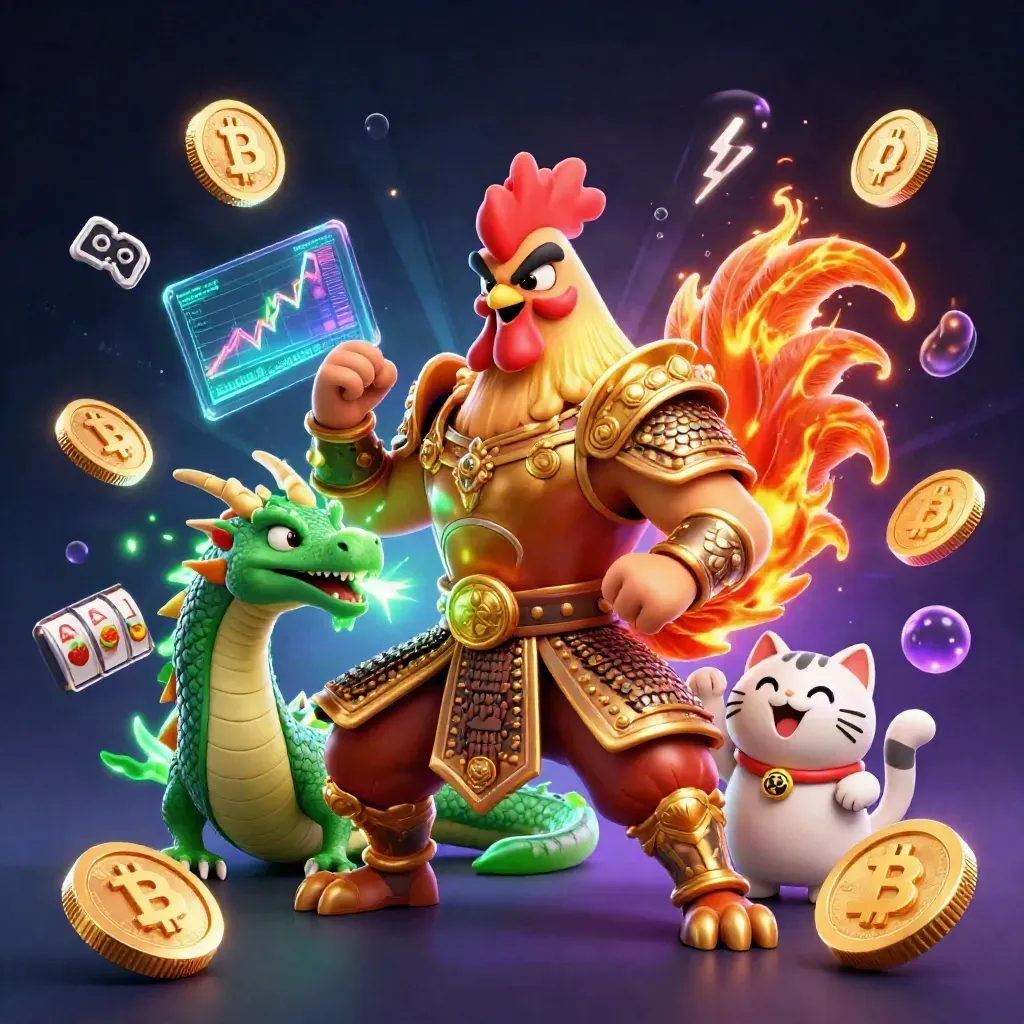 Gold rooster warrior with dragon hatchling and cheering cat amid casino coins and slot symbols.
