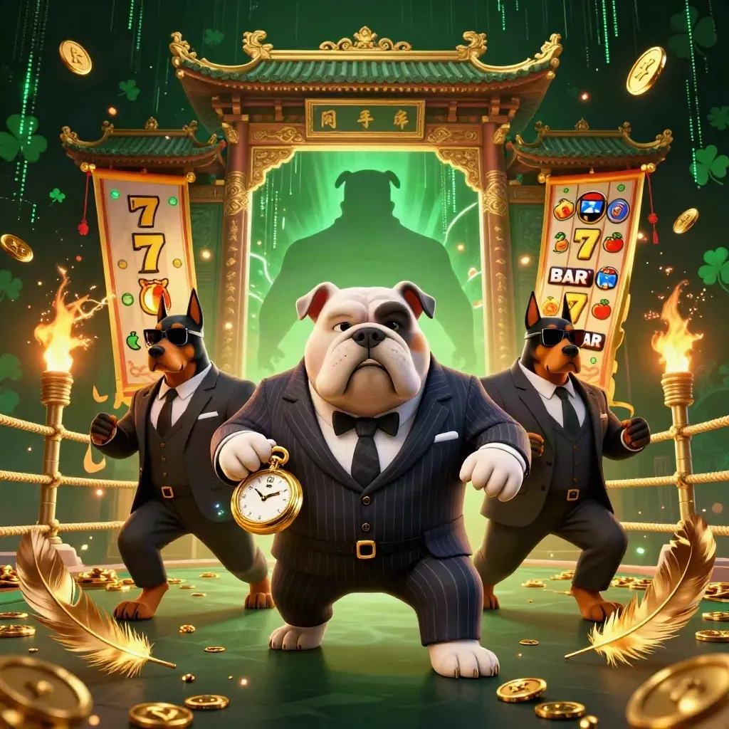 Bulldog boss and two suited Dobermans bursting from a temple gate amid gold, neon and casino symbols