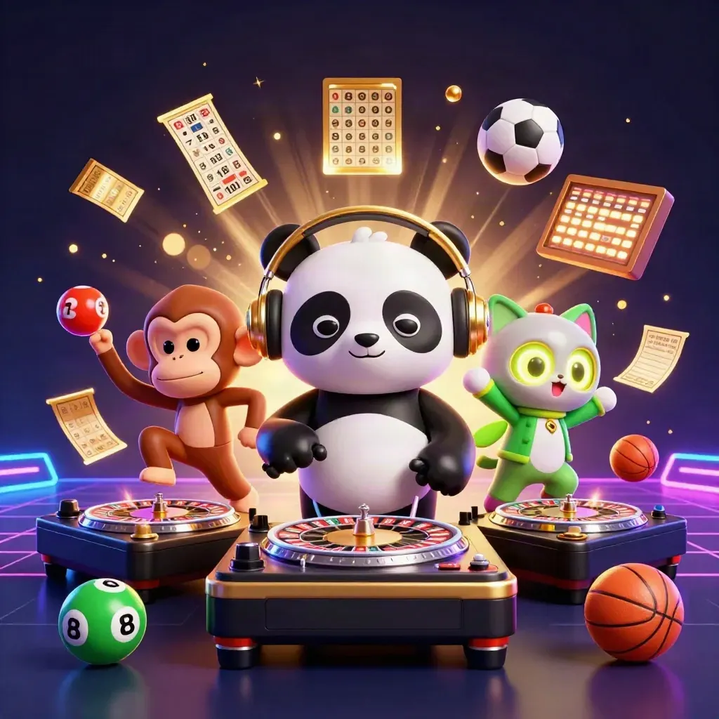 Panda DJ, dancing monkey, glow kitten, gold casino props, navy neon backdrop