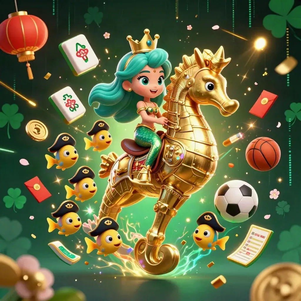 Mermaid princess on golden seahorse with pirate fish, casino coins, lanterns, and sports icons