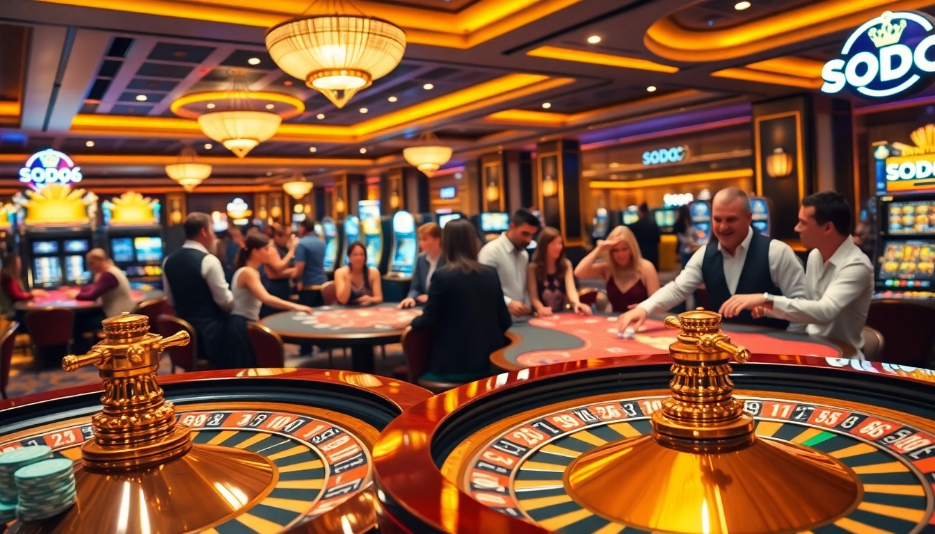 SODO66 casino scene featuring vibrant tables, players, and spinning roulette wheel.