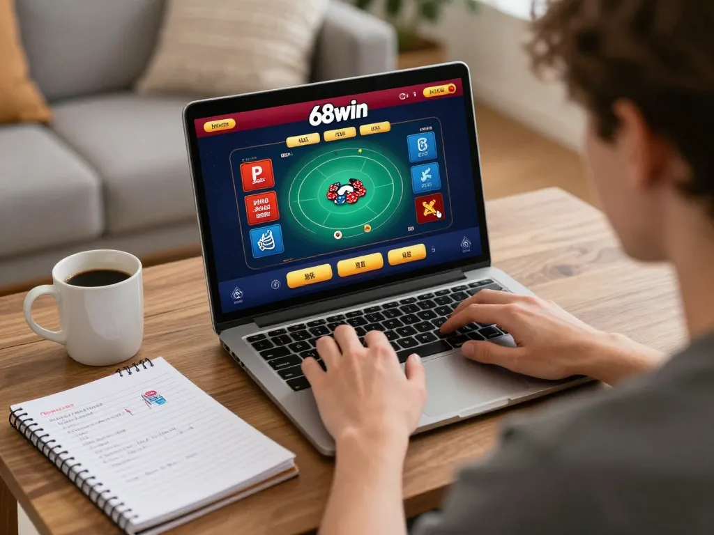 Engaged player enjoying the 68win poker game on a laptop in a cozy home setting.