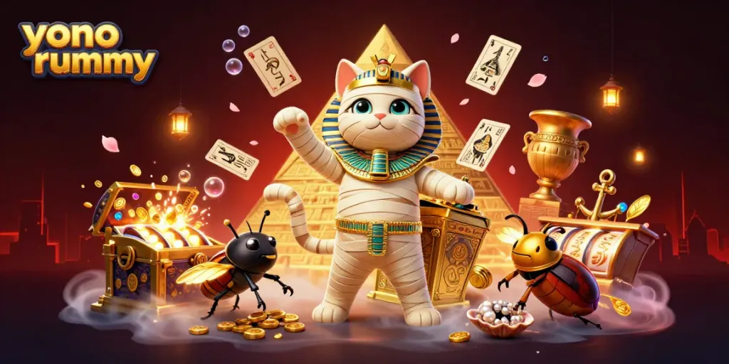 Yono rummy, permainan kasino menarik dengan kucing mummy dan skarab di latar belakang piramida.