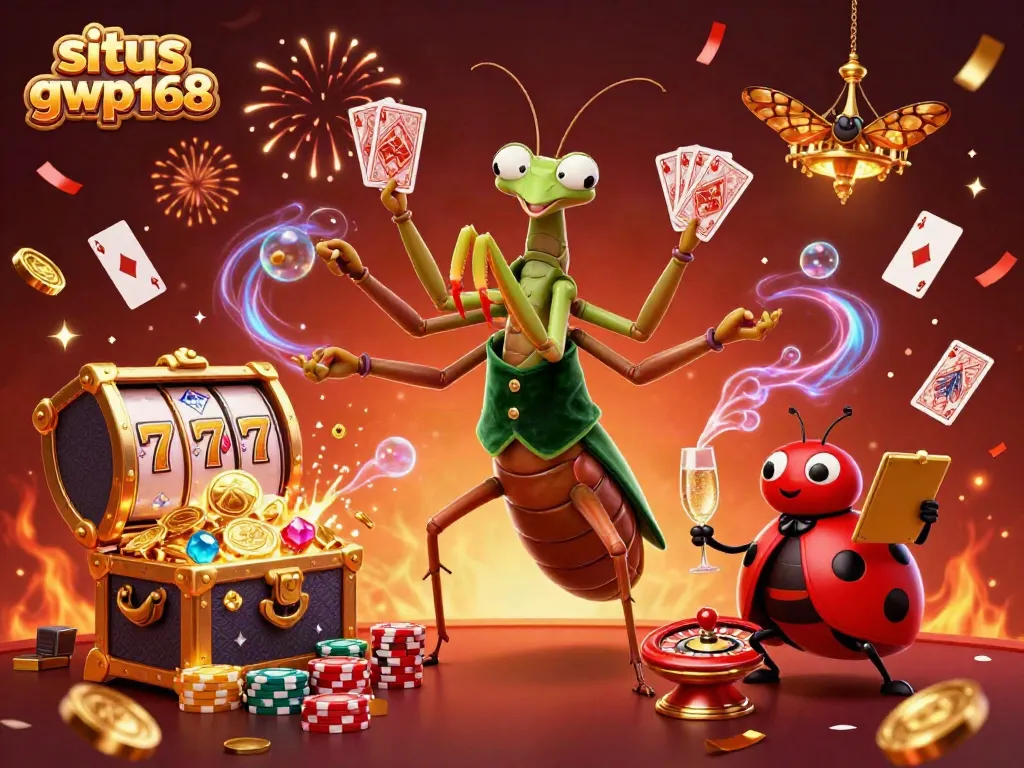 Permainan seru di situs gwp168 dengan karakter dan elemen kasino menarik seperti slot dan kartu.