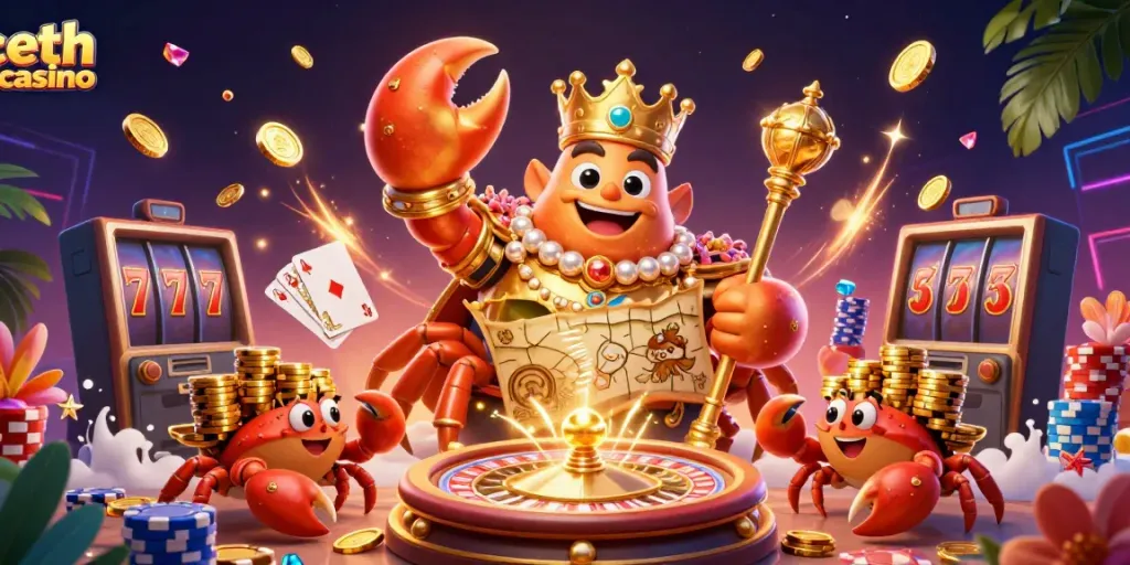 Experience eth casino excitement with a dazzling 3D crab emperor surrounded by casino treasures.