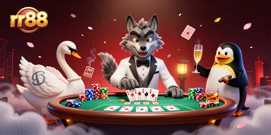Experience the thrill of rr88 with an elegant wolf, swan dealer, and a penguin sommelier in a dynamic baccarat table scene.