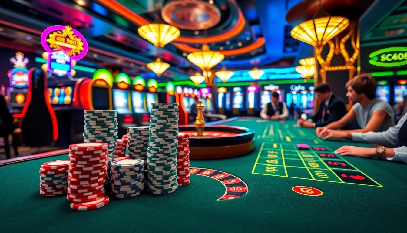 Experience the thrill of gaming at Nhà Cái SC88 Casino with vibrant tables, cards, and neon lights.