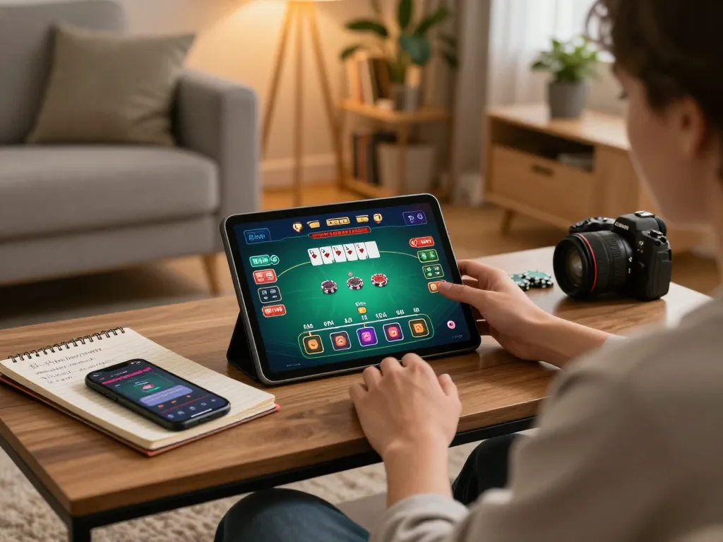Engaging in Free No Deposit Casinos gameplay on tablet in a stylish living room environment, showcasing strategic home gaming atmosphere.