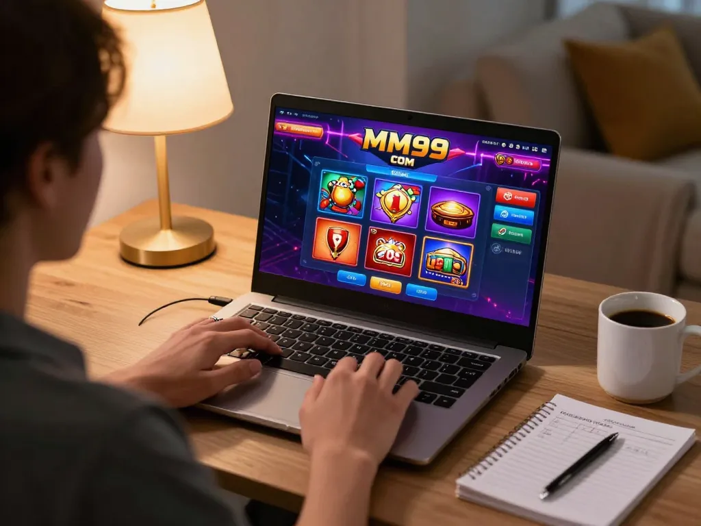 Engaging online casino gaming session featuring MM99 COM on laptop, emphasizing comfort and strategy.