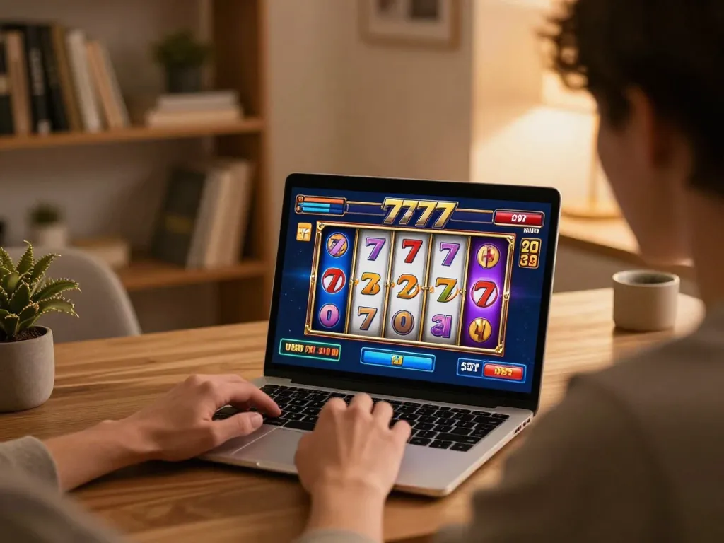 Player enjoying slot777 games with laptop in a cozy home setup, focusing on strategic gameplay.
