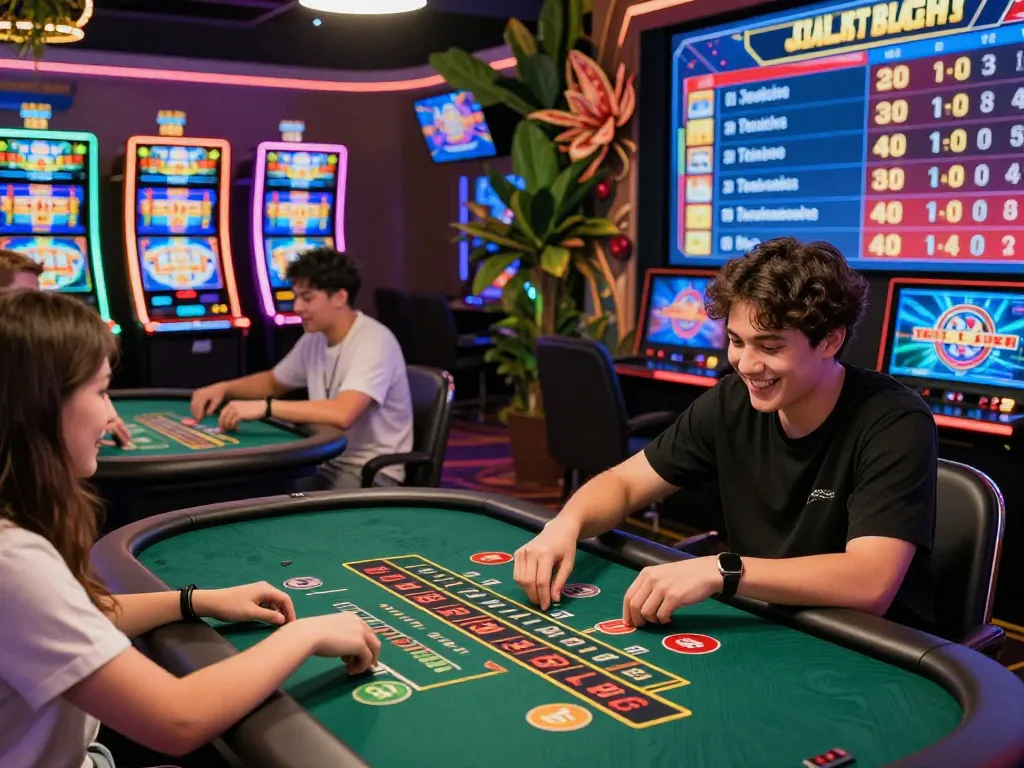 Exciting scene of online gambling at https://sc88e.com/ with players enjoying interactive casino games, vibrant atmosphere.