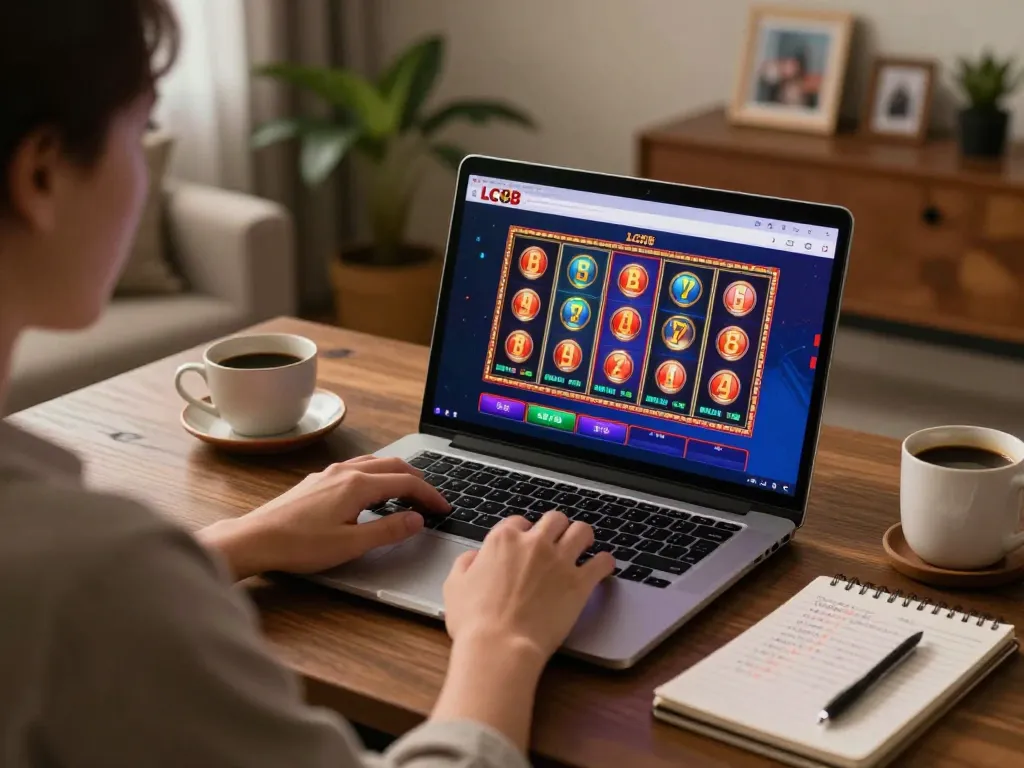 Player engaging in exciting online gaming experience at LC88 with colorful slot games visible.