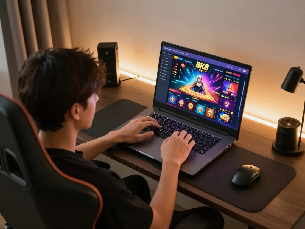 Experience the excitement of BK8 online casino gaming from a stylish home setup with an immersive interface.