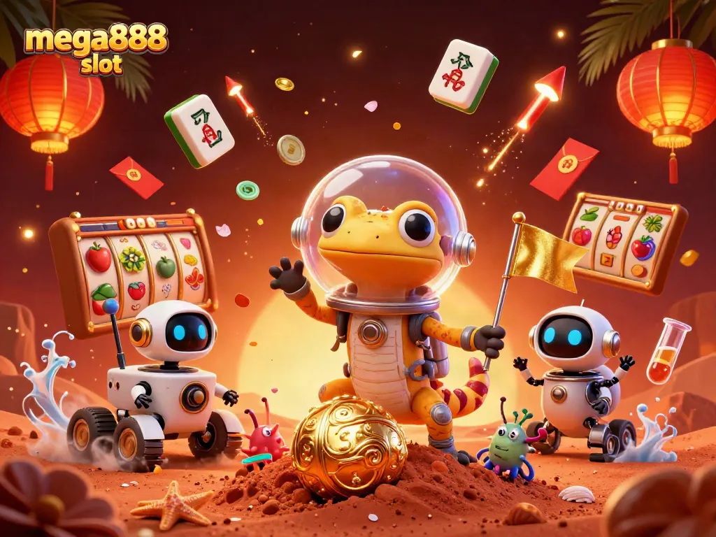 Play mega888 slot with thrilling excitement as a Martian gecko uncovers a hidden casino treasure.