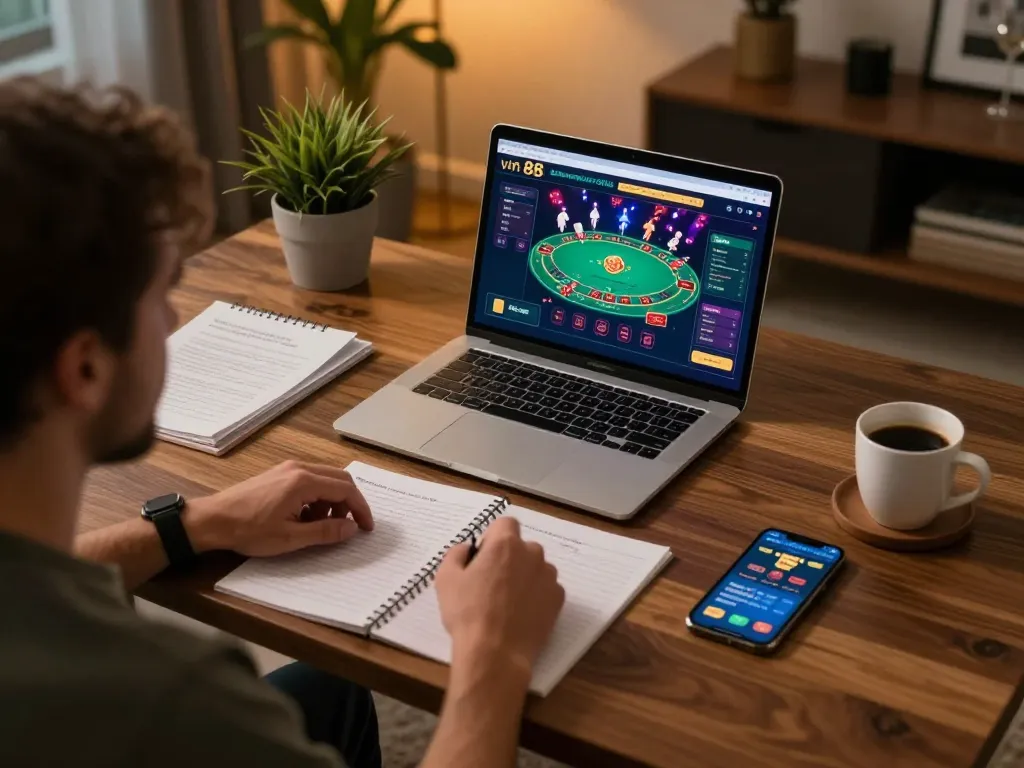 Engaging with the vin 88 online gaming platform on a cozy home setup, showcasing strategic gameplay.